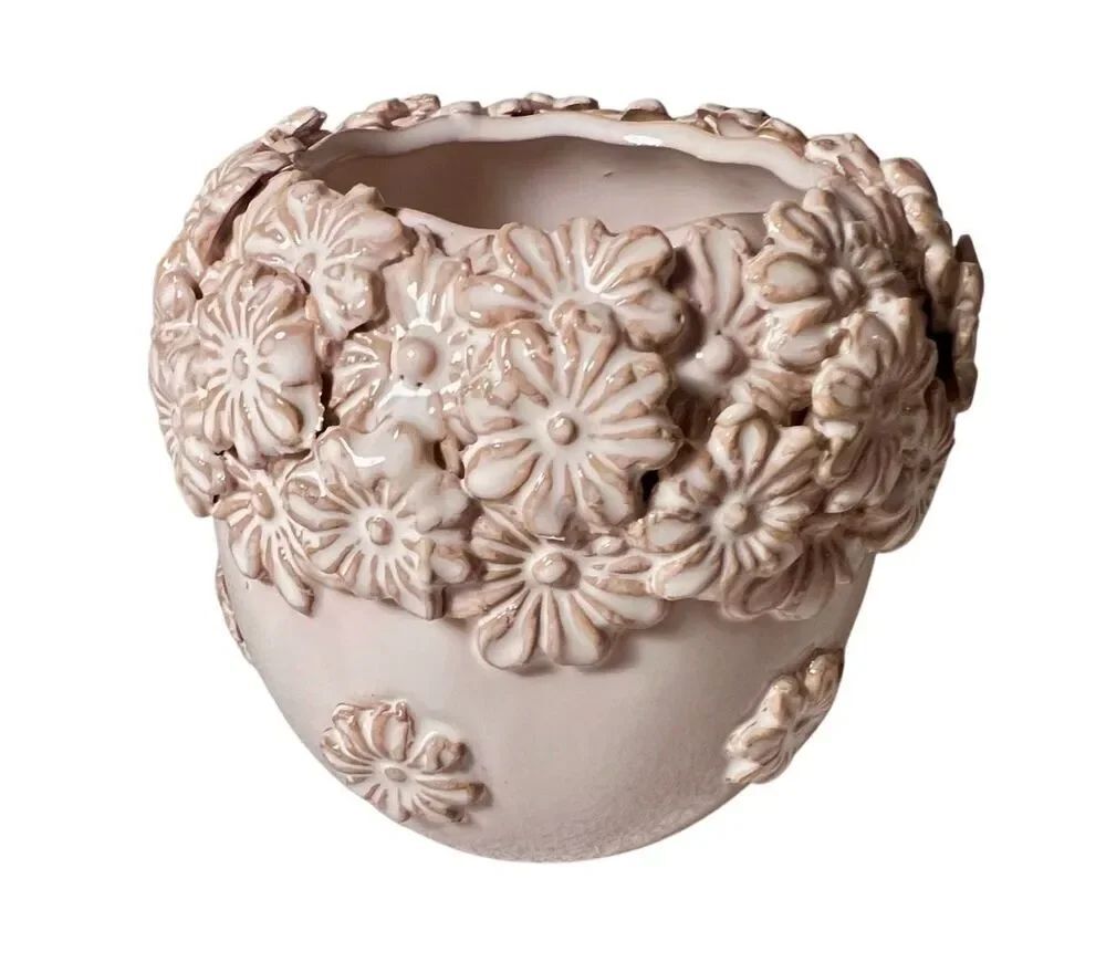 Ceramic Planter With Intricate 3D Floral Relief Cascading Sculpted Blossoms - Picture 4 of 11